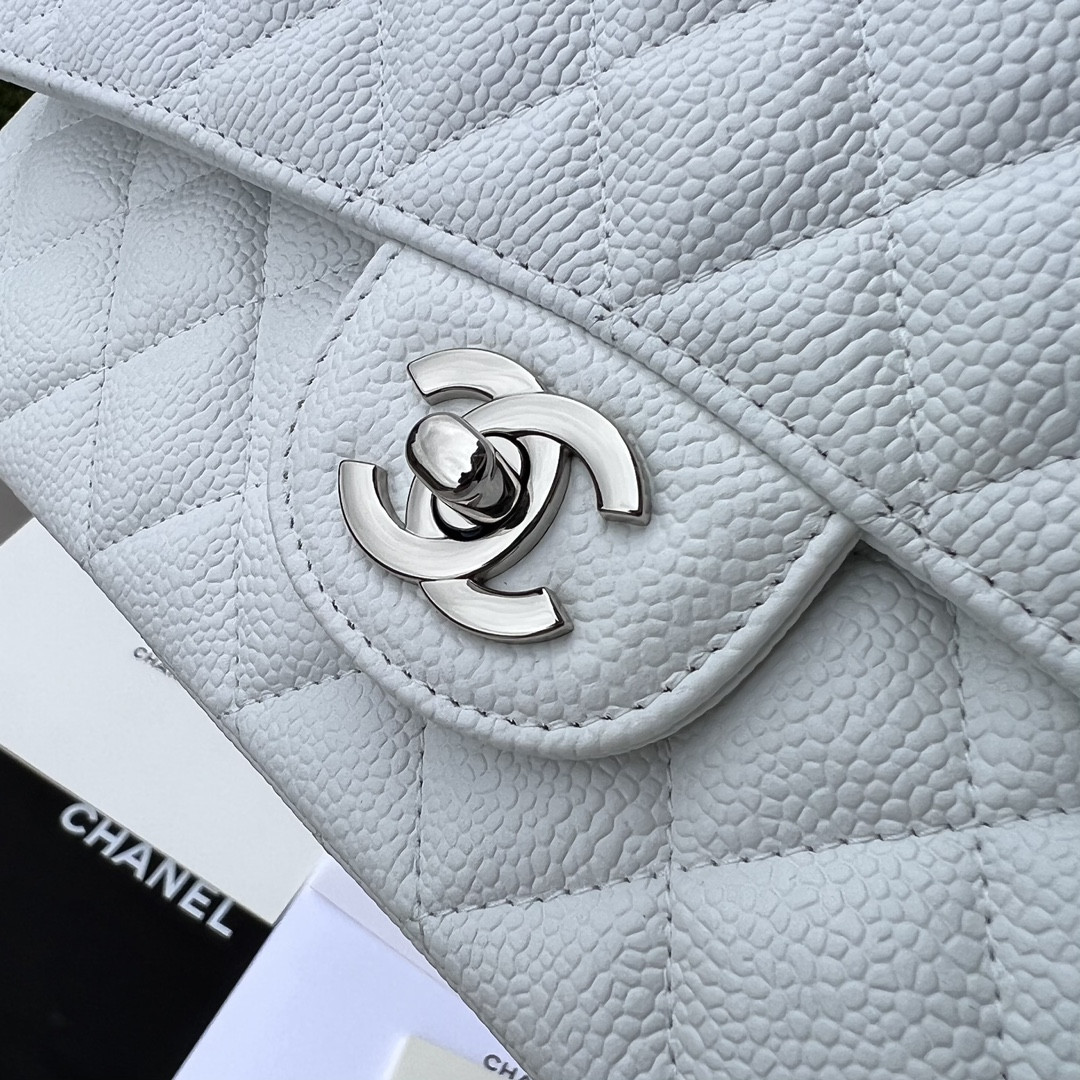 CHANEL CLASSIC HANDBAG GRAINED CALFSKIN & SILVER-TONE METAL WHITE 6 × 9.9 × 2.5 in