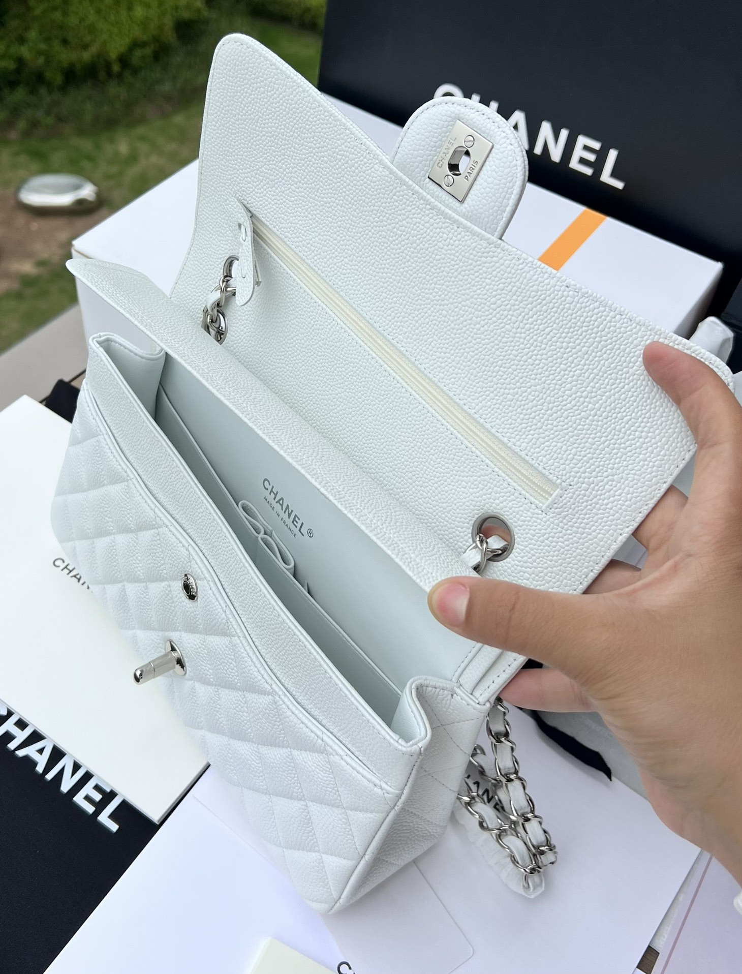 CHANEL CLASSIC HANDBAG GRAINED CALFSKIN & SILVER-TONE METAL WHITE 6 × 9.9 × 2.5 in