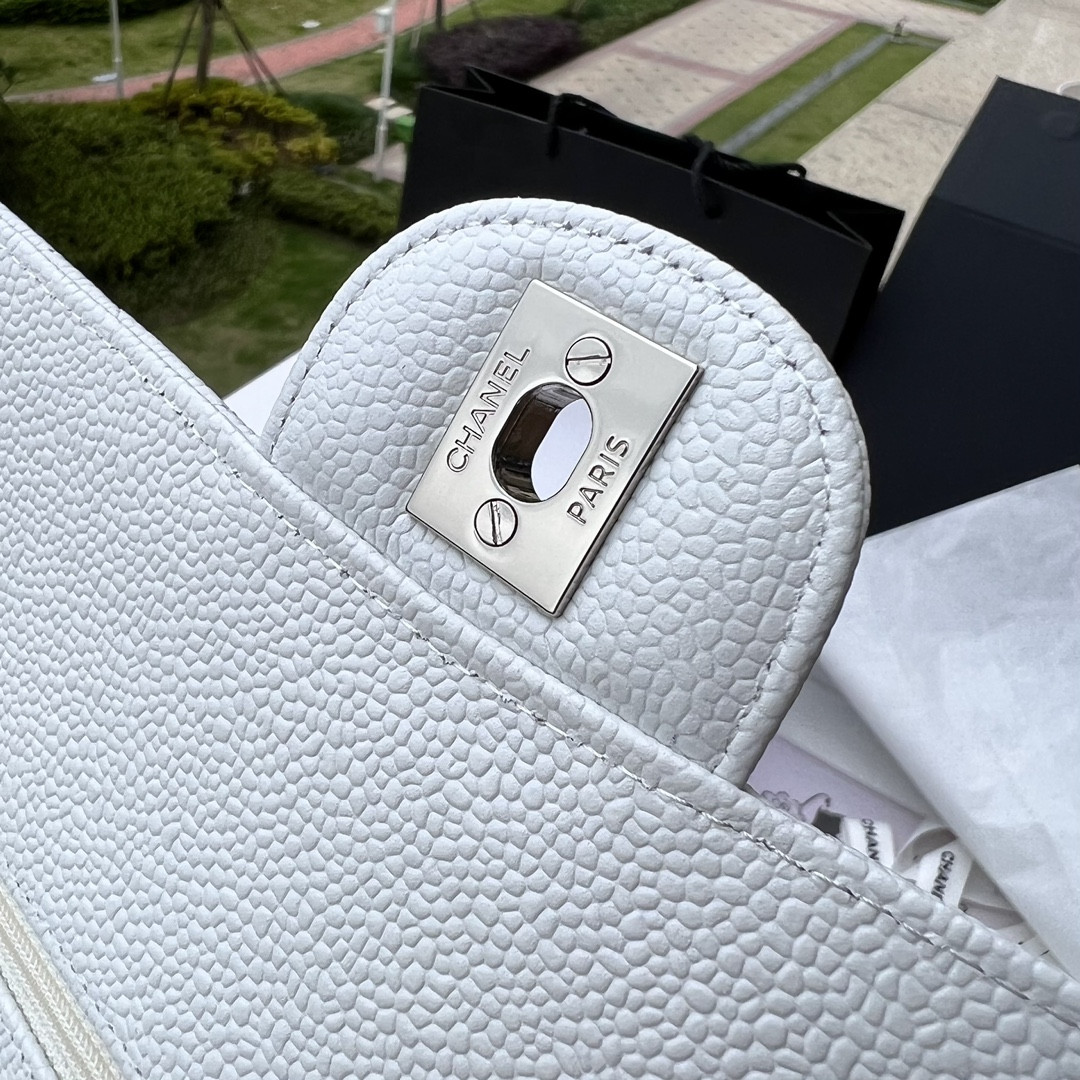 CHANEL CLASSIC HANDBAG GRAINED CALFSKIN & SILVER-TONE METAL WHITE 6 × 9.9 × 2.5 in