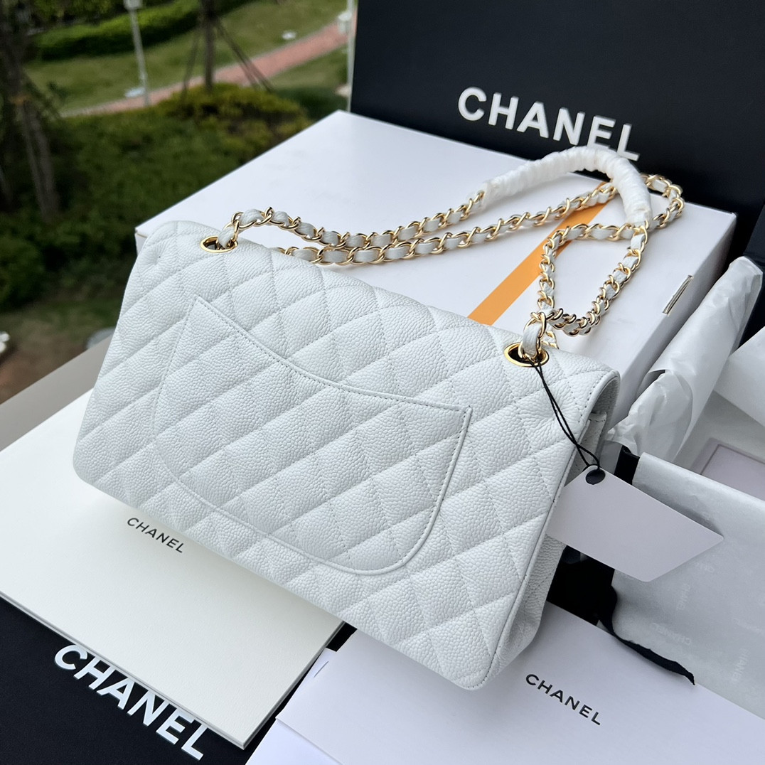 CHANEL CLASSIC HANDBAG GRAINED CALFSKIN & GOLD-TONE METAL WHITE 6 × 9.9 × 2.5 in
