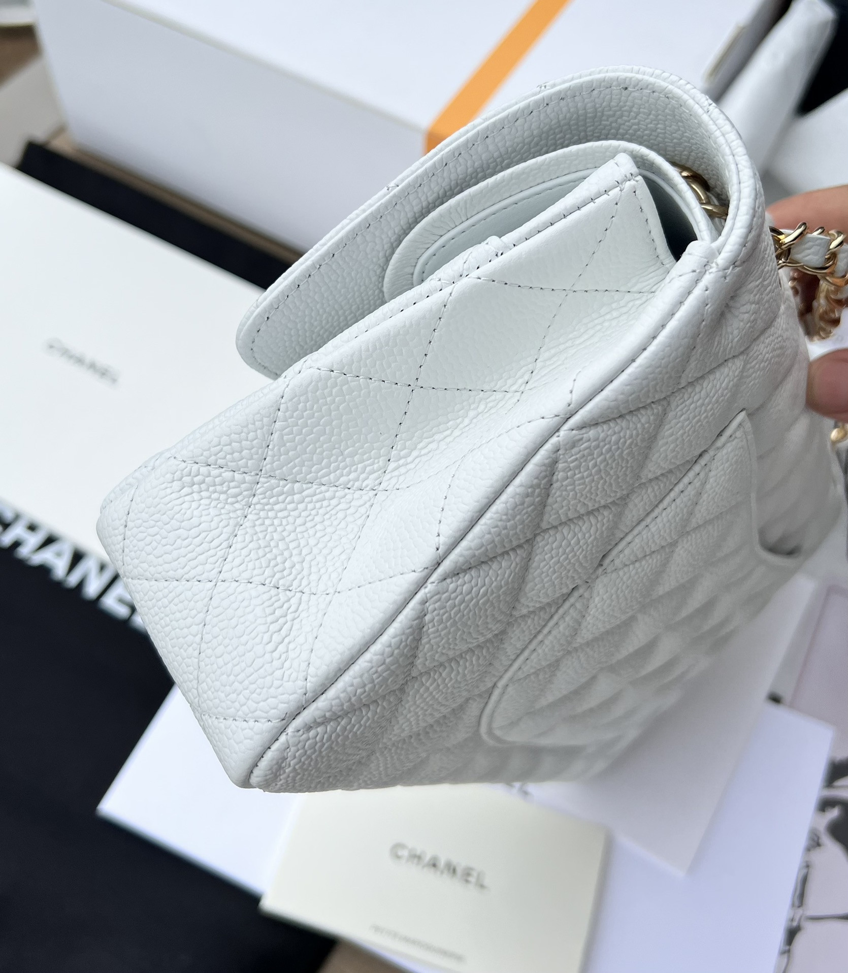 CHANEL CLASSIC HANDBAG GRAINED CALFSKIN & GOLD-TONE METAL WHITE 6 × 9.9 × 2.5 in