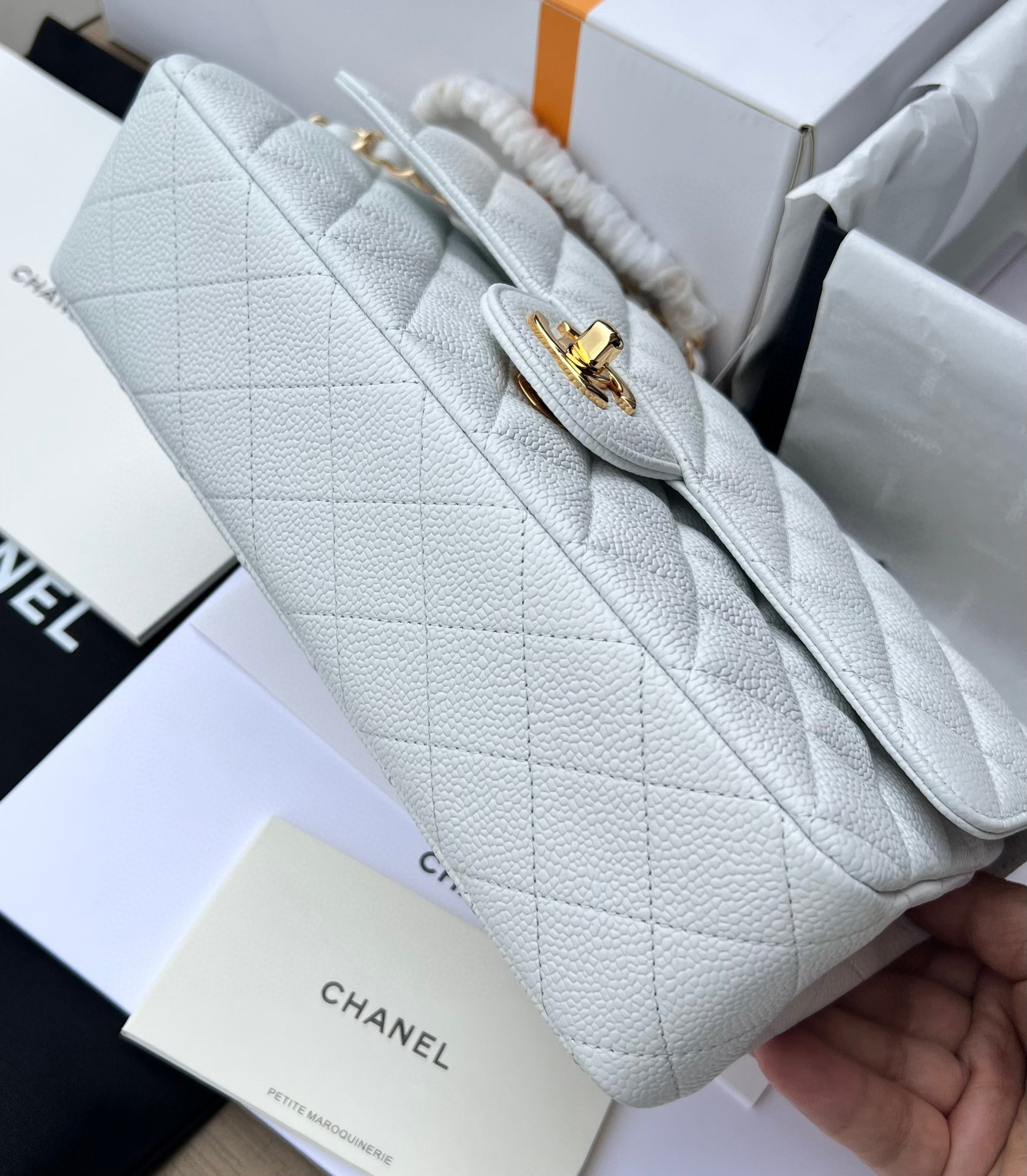 CHANEL CLASSIC HANDBAG GRAINED CALFSKIN & GOLD-TONE METAL WHITE 6 × 9.9 × 2.5 in