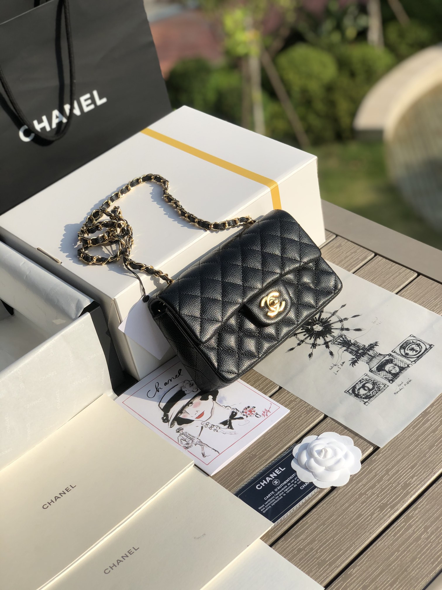 CHANEL MINI FLAP BAG BLACK WITH GOLD-TONE MENTAL 4.7 × 7.8 × 2.3 in