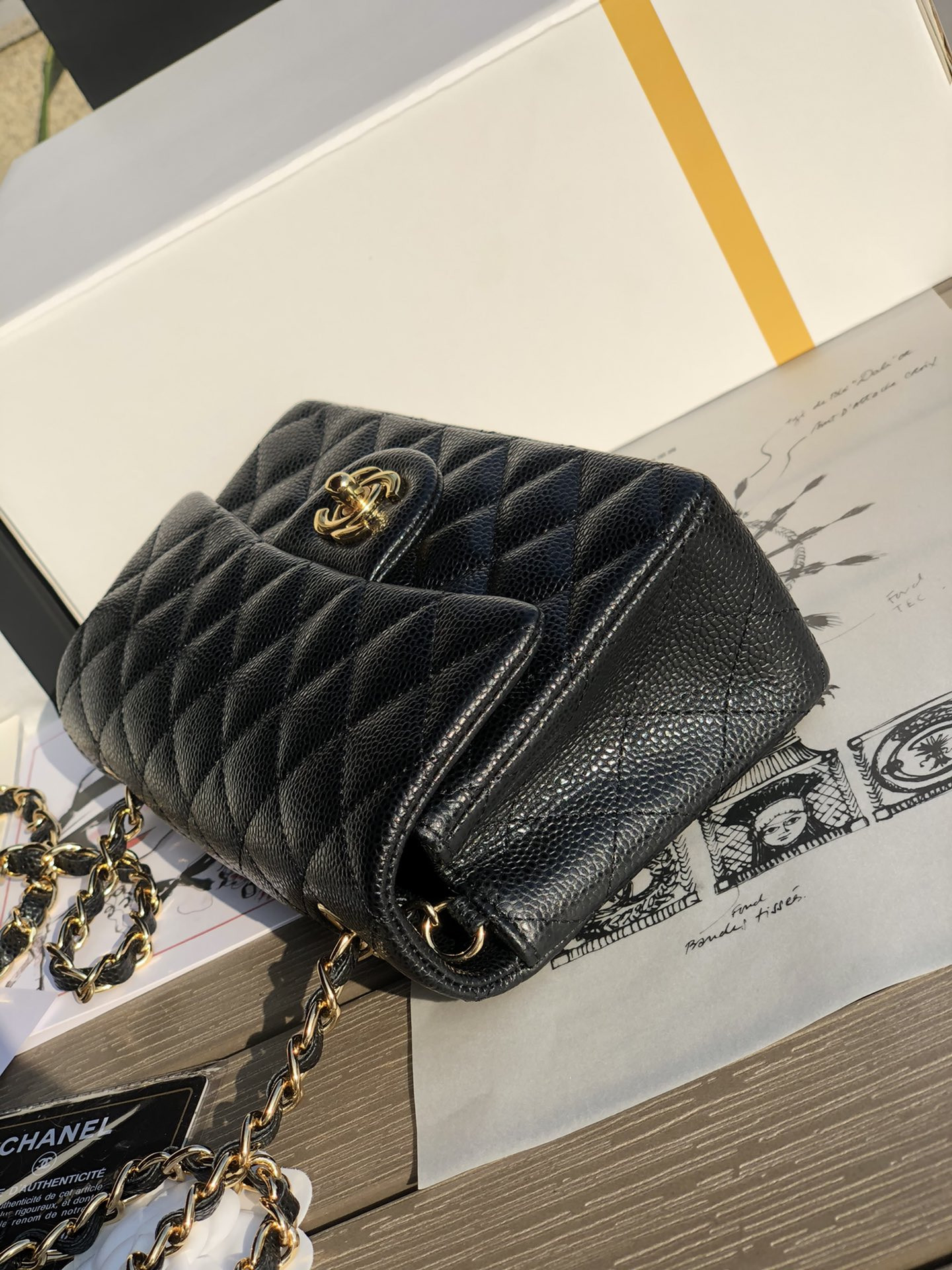 CHANEL MINI FLAP BAG BLACK WITH GOLD-TONE MENTAL 4.7 × 7.8 × 2.3 in