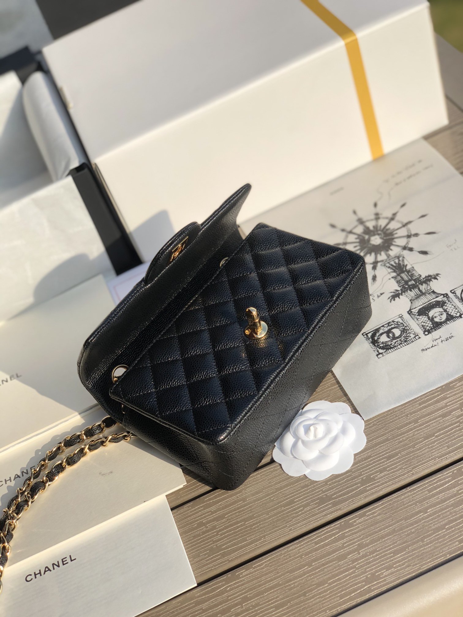 CHANEL MINI FLAP BAG BLACK WITH GOLD-TONE MENTAL 4.7 × 7.8 × 2.3 in