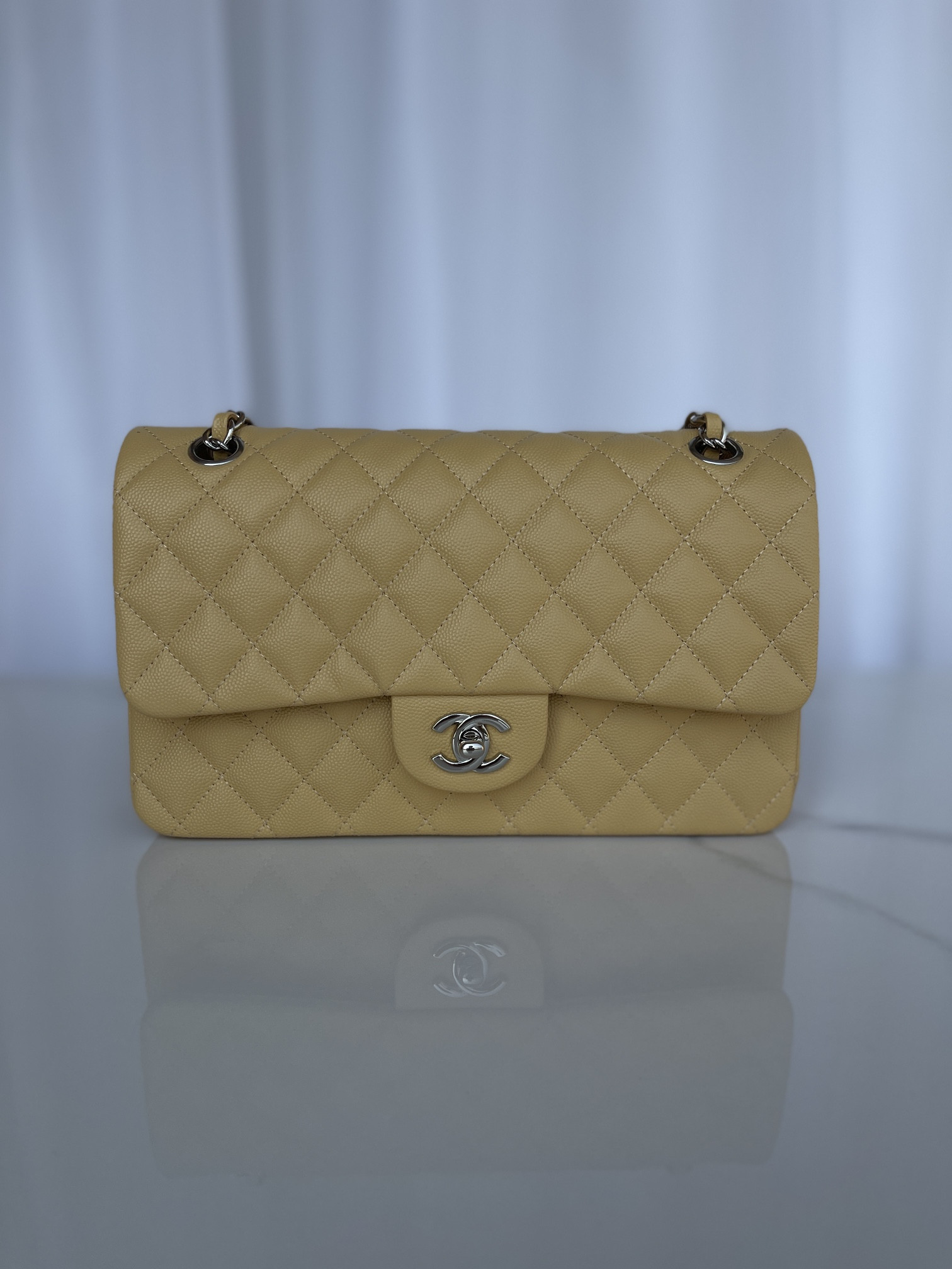 CHANEL CLASSIC HANDBAG GRAINED CALFSKIN & SILVER-TONE METAL YELLOW 6 × 9.9 × 2.5 in
