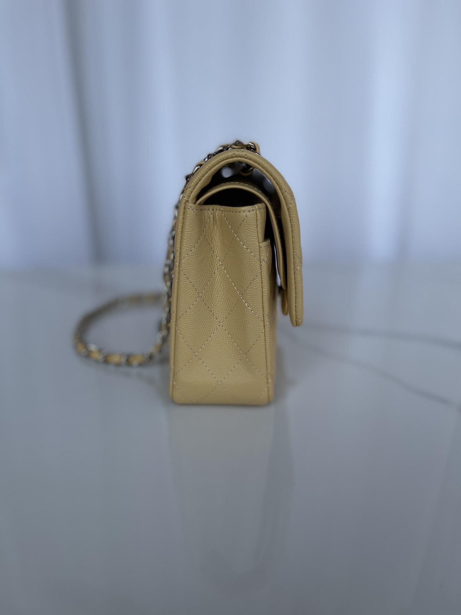 CHANEL CLASSIC HANDBAG GRAINED CALFSKIN & SILVER-TONE METAL YELLOW 6 × 9.9 × 2.5 in