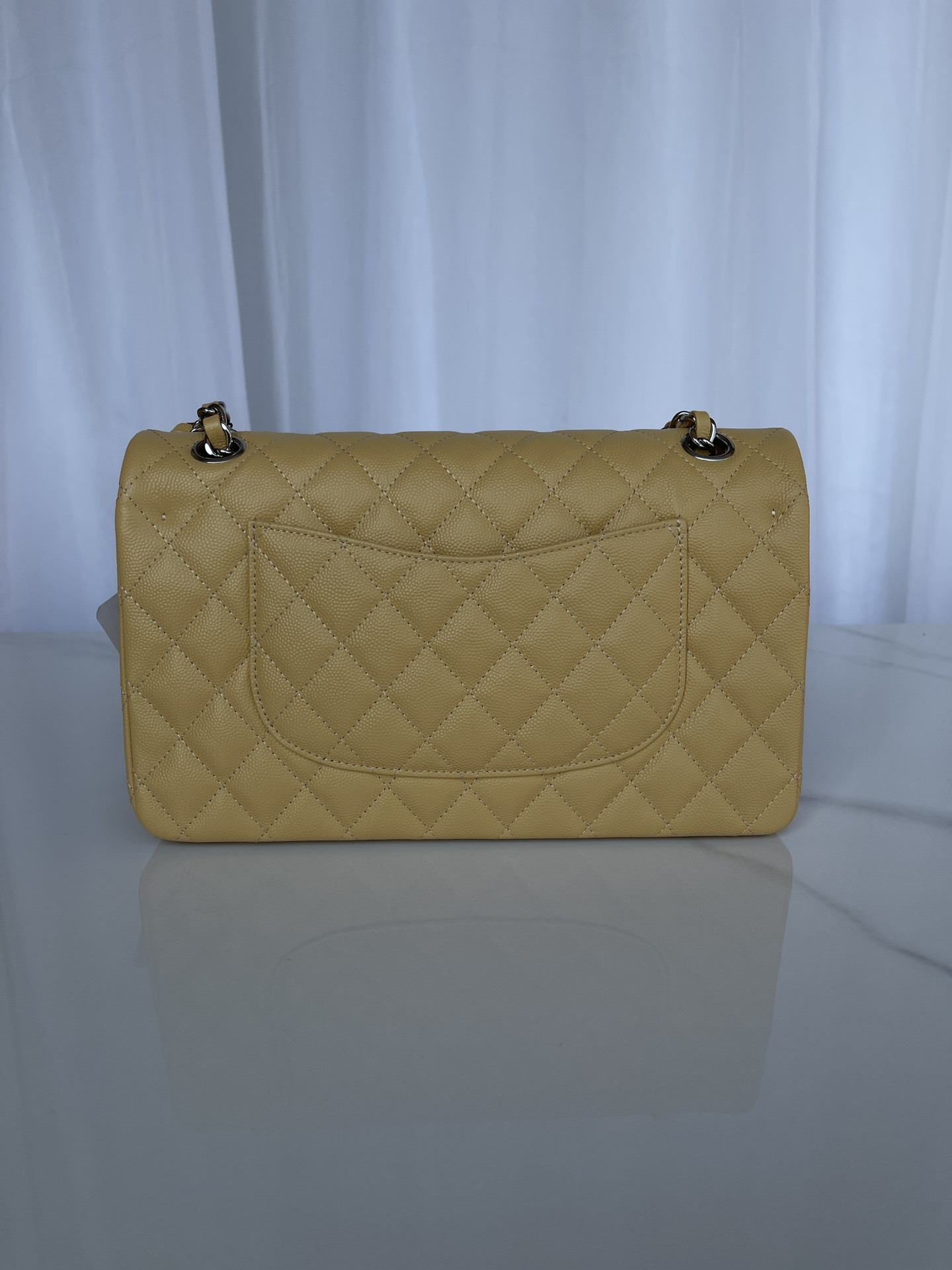 CHANEL CLASSIC HANDBAG GRAINED CALFSKIN & SILVER-TONE METAL YELLOW 6 × 9.9 × 2.5 in