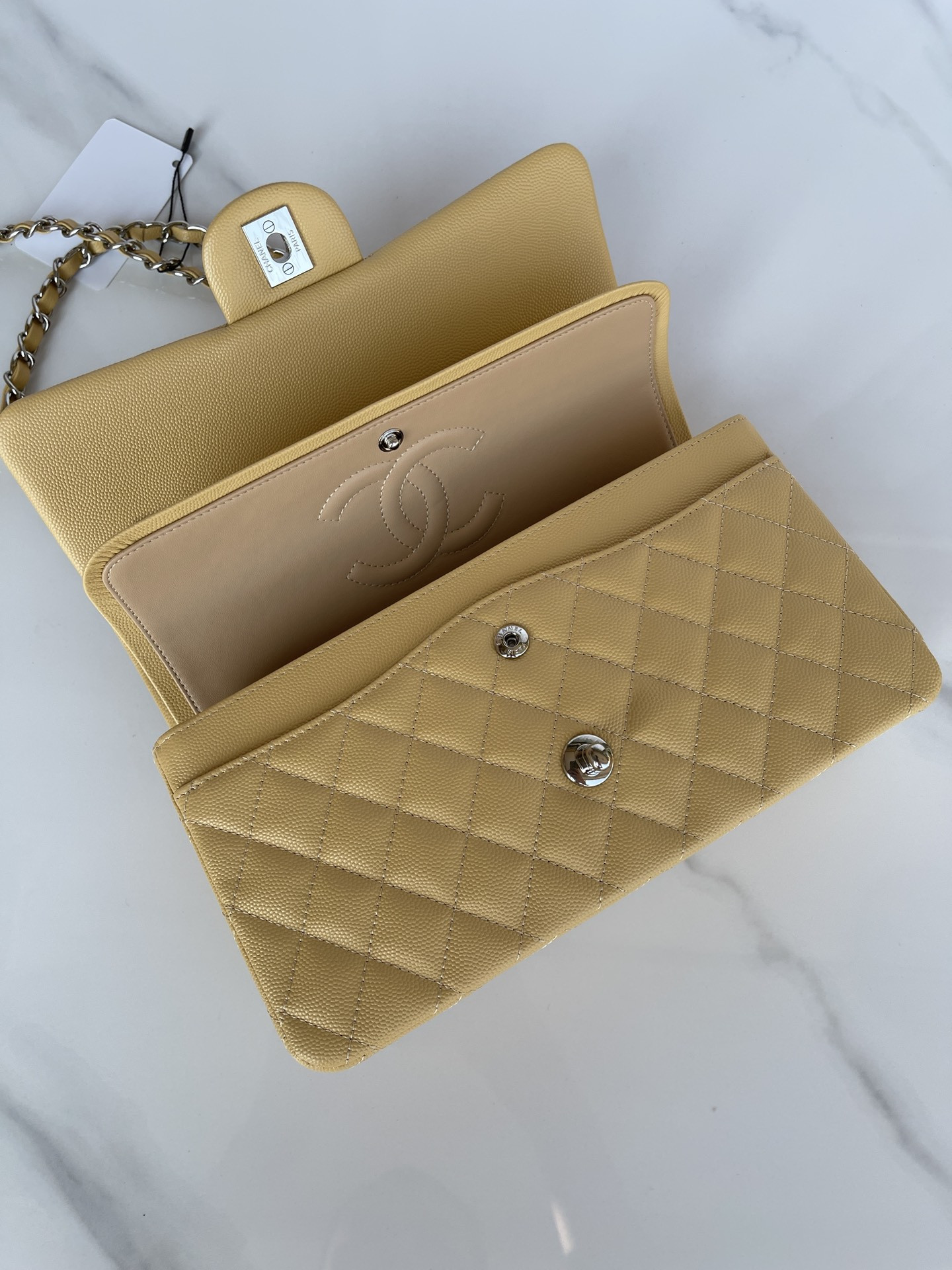 CHANEL CLASSIC HANDBAG GRAINED CALFSKIN & SILVER-TONE METAL YELLOW 6 × 9.9 × 2.5 in