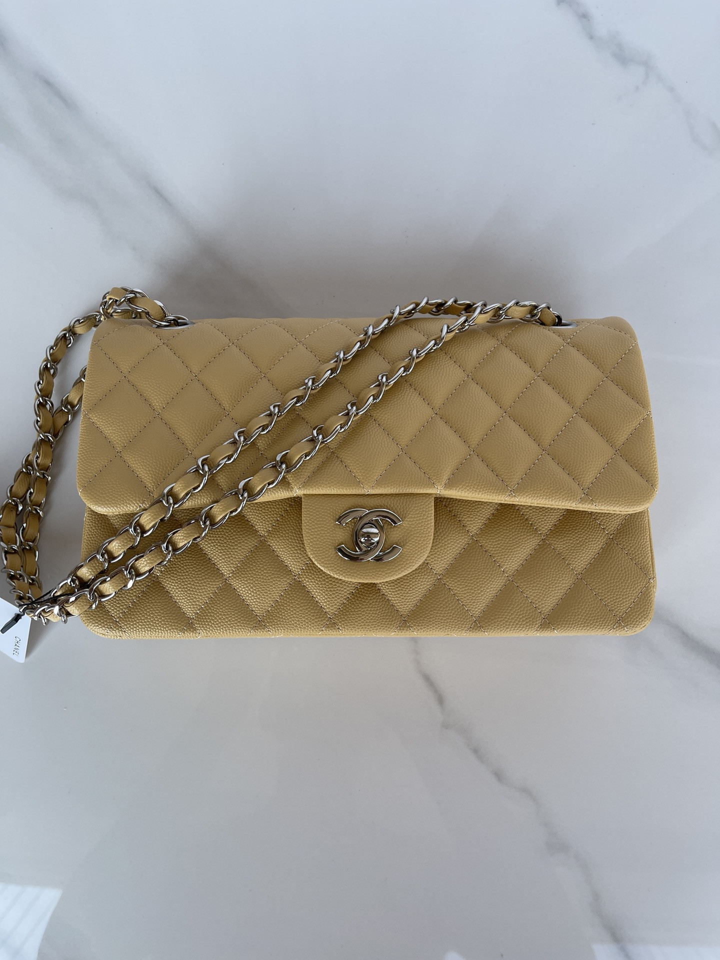 CHANEL CLASSIC HANDBAG GRAINED CALFSKIN & SILVER-TONE METAL YELLOW 6 × 9.9 × 2.5 in