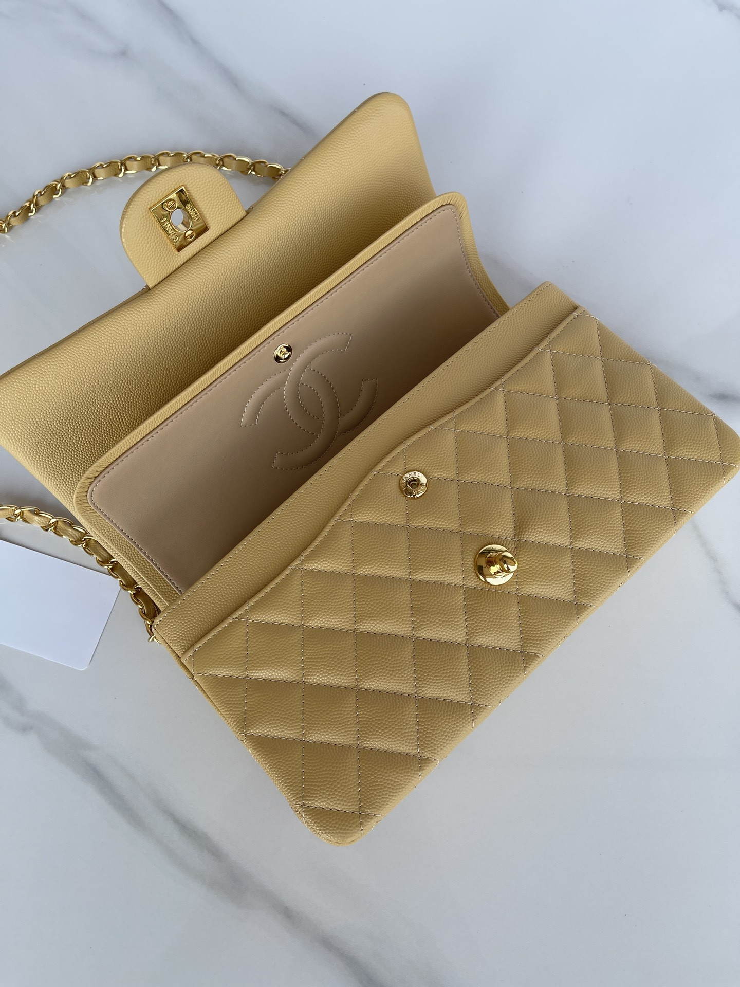 CHANEL CLASSIC HANDBAG GRAINED CALFSKIN & GOLD-TONE METAL YELLOW 6 × 9.9 × 2.5 in
