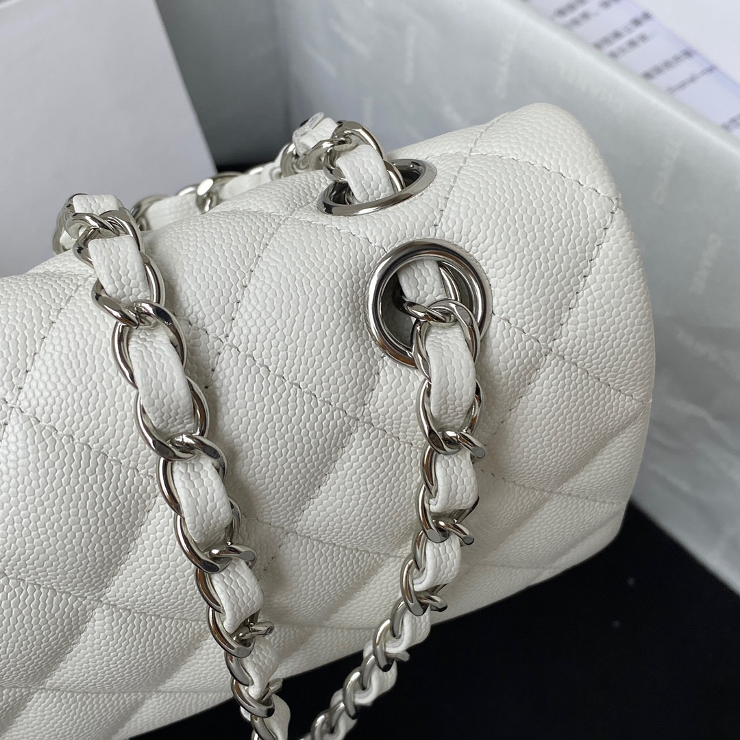 CHANEL SMALL CLASSIC HANDBAG Grained Calfskin & Silver-Tone Metal White 5.7 × 9 × 2.3 in