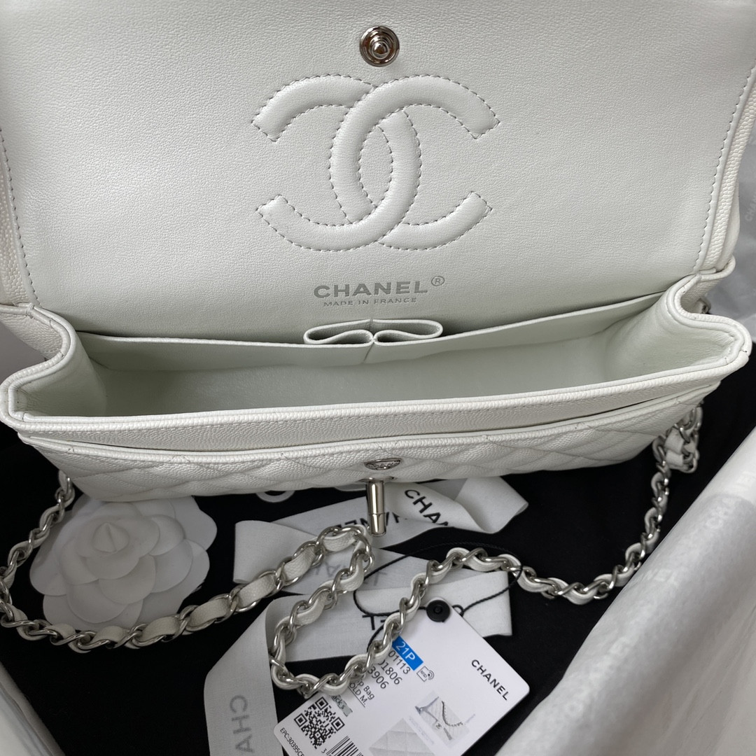 CHANEL SMALL CLASSIC HANDBAG Grained Calfskin & Silver-Tone Metal White 5.7 × 9 × 2.3 in