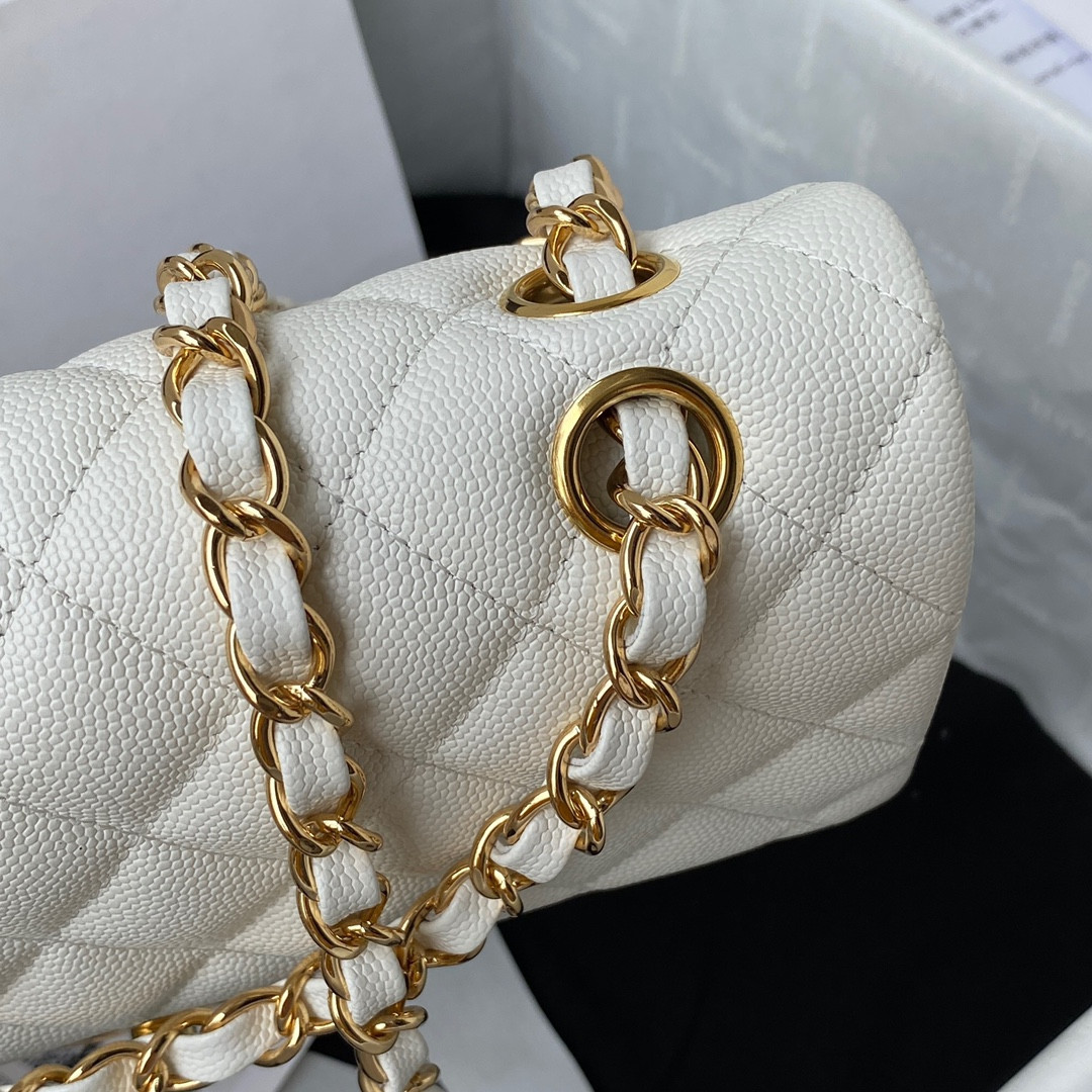 CHANEL SMALL CLASSIC HANDBAG Grained Calfskin & Gold-Tone Metal White 5.7 × 9 × 2.3 in