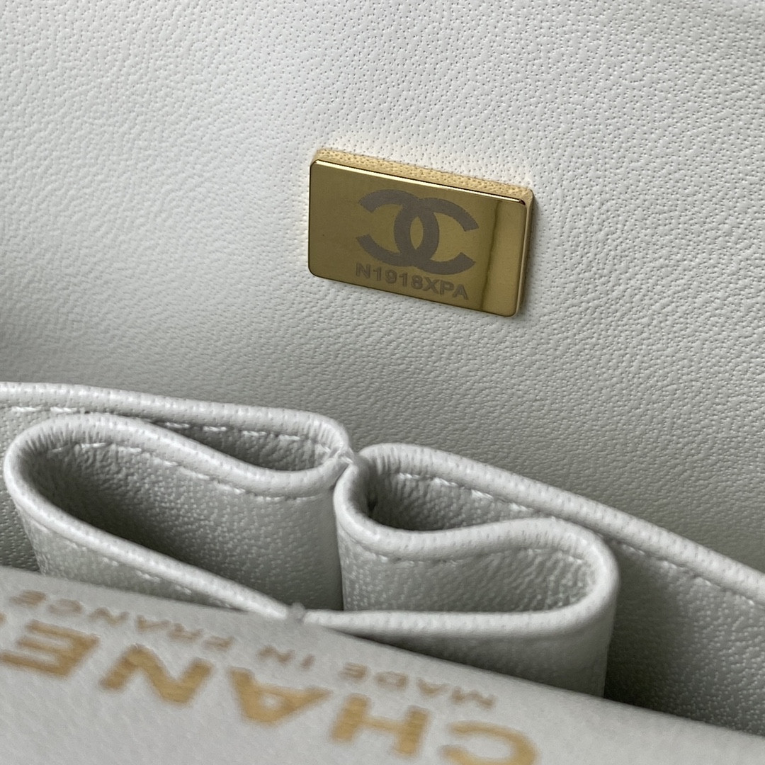 CHANEL SMALL CLASSIC HANDBAG Grained Calfskin & Gold-Tone Metal White 5.7 × 9 × 2.3 in