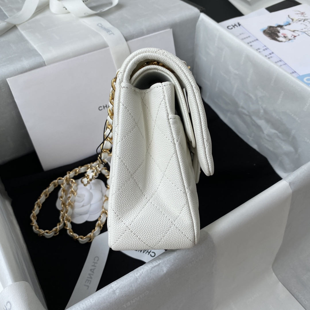 CHANEL SMALL CLASSIC HANDBAG Grained Calfskin & Gold-Tone Metal White 5.7 × 9 × 2.3 in