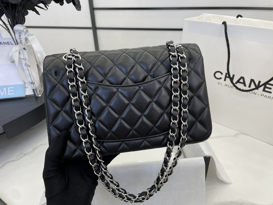 CHANEL SMALL CLASSIC HANDBAG Grained Shiny Calfskin & Silver-Tone Metal Black 5.7 × 9 × 2.3 in