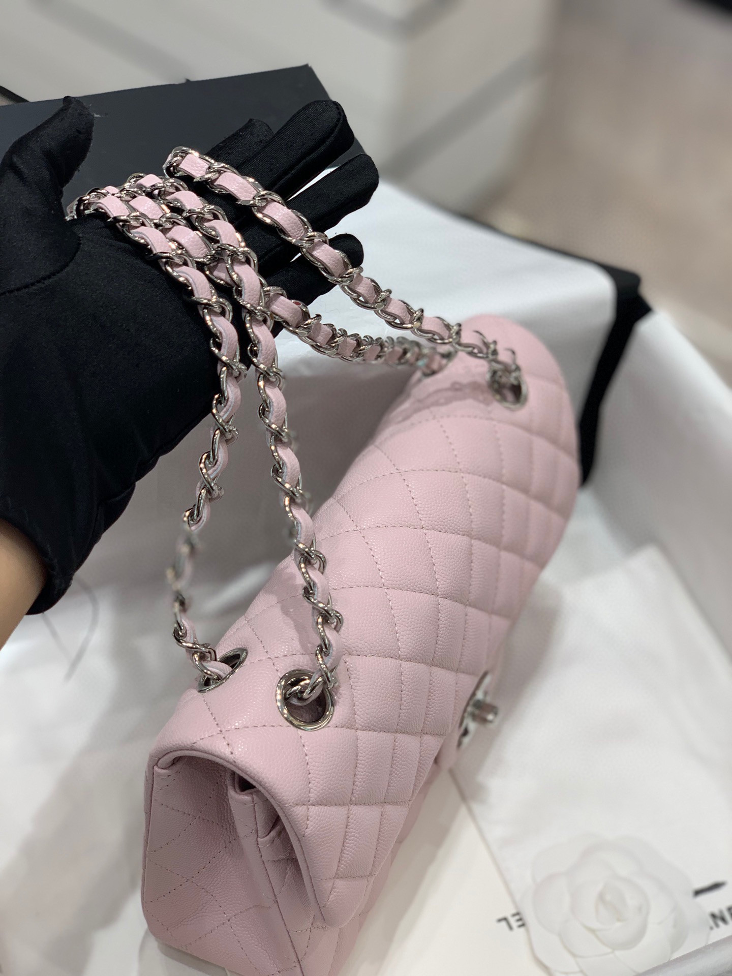 CHANEL CLASSIC HANDBAG Grained Calfskin & Silver-Tone Metal Pink 6 × 9.9 × 2.5 in