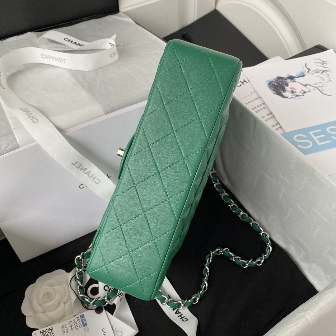 CHANEL SMALL CLASSIC HANDBAG Grained SHINY Calfskin & Silver-Tone Metal Green 5.7 × 9 × 2.3 in