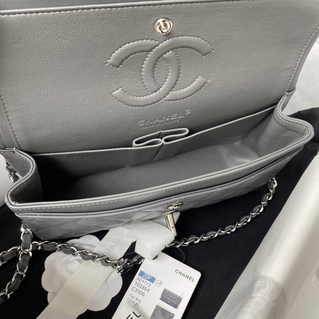 CHANEL SMALL CLASSIC HANDBAG Grained SHINY Calfskin & Silver-Tone Metal Gray 5.7 × 9 × 2.3 in