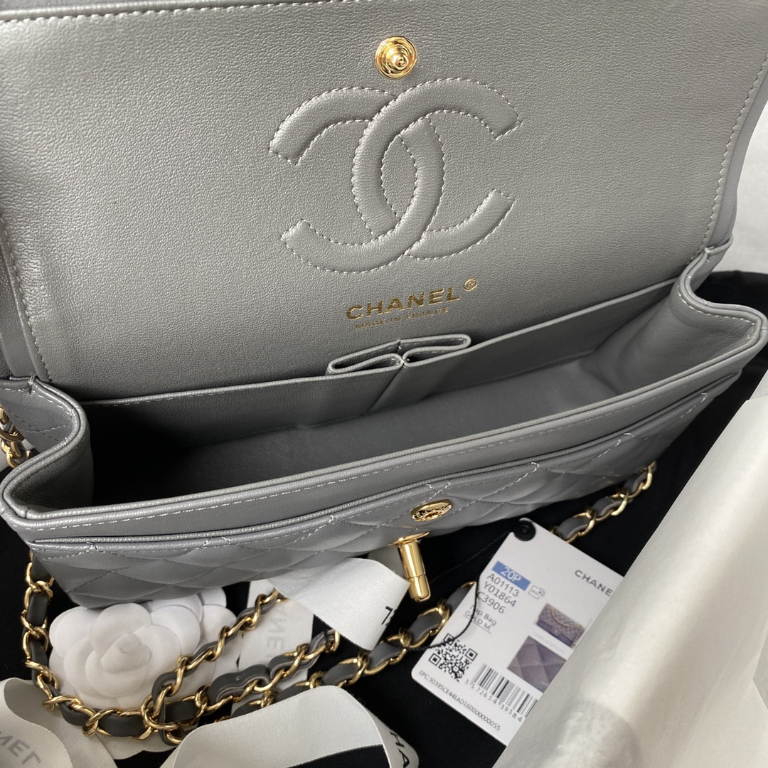 CHANEL SMALL CLASSIC HANDBAG Grained SHINY Calfskin & Gold-Tone Metal Gray 5.7 × 9 × 2.3 in