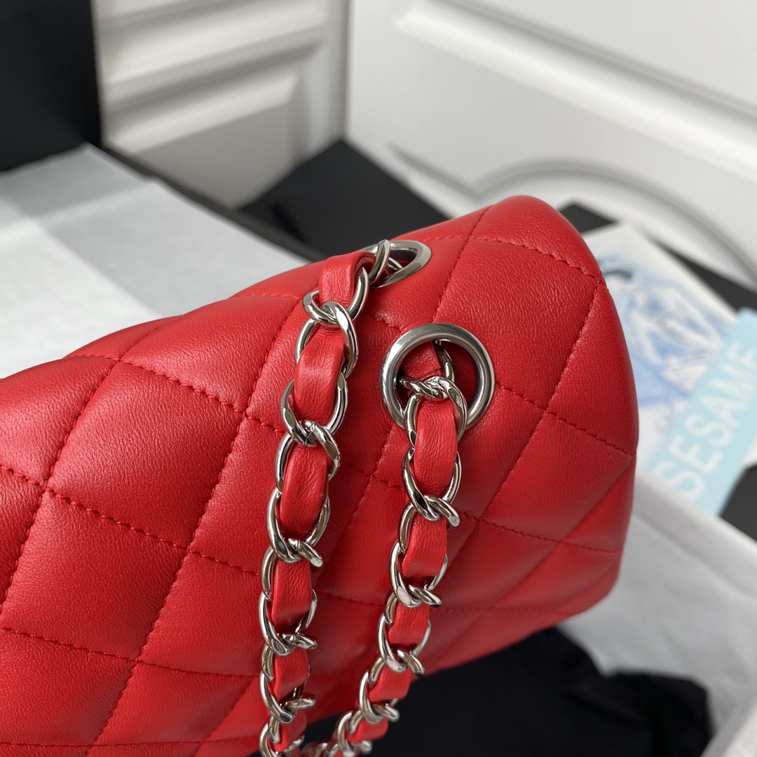CHANEL SMALL CLASSIC HANDBAG LAMBSKIN & SILVER-TONE METAL Red 5.7 × 9 × 2.3 IN