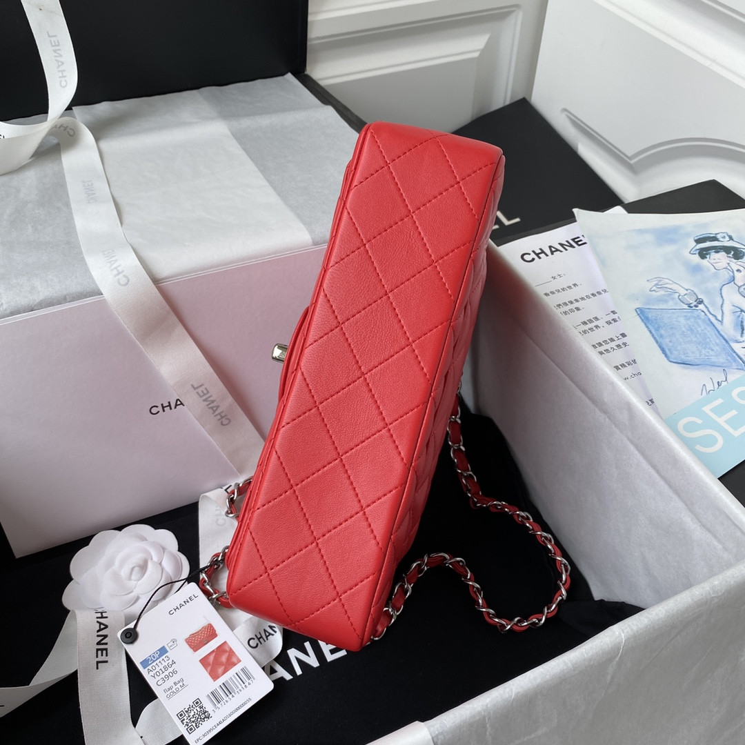 CHANEL SMALL CLASSIC HANDBAG LAMBSKIN & SILVER-TONE METAL Red 5.7 × 9 × 2.3 IN