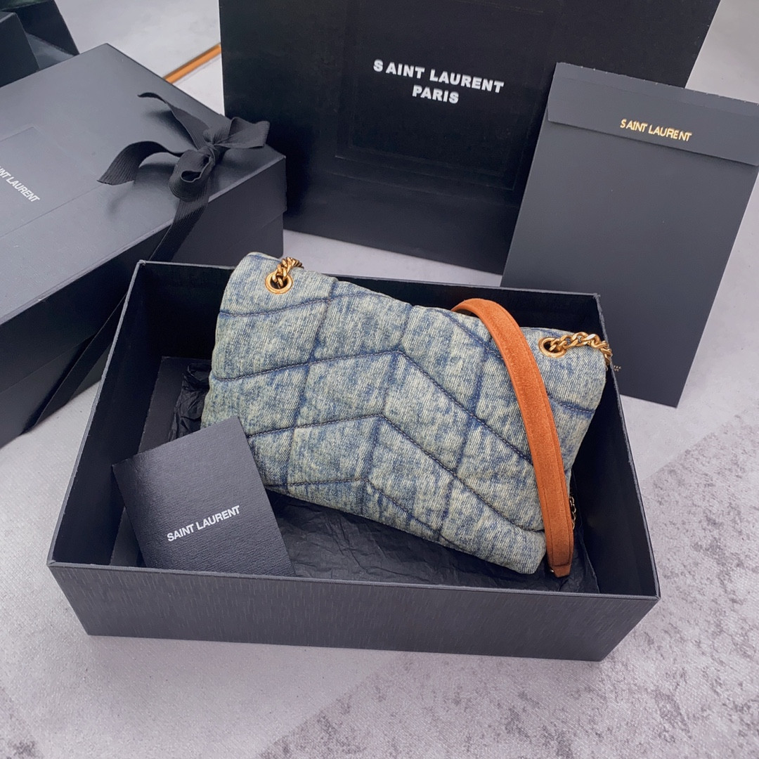 YSL PUFFER IN SUEDE AND DENIM LIGHT BLUE 23 X 15.5 X 5.8 CM