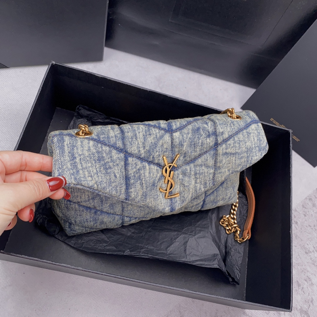 YSL PUFFER IN SUEDE AND DENIM LIGHT BLUE 23 X 15.5 X 5.8 CM