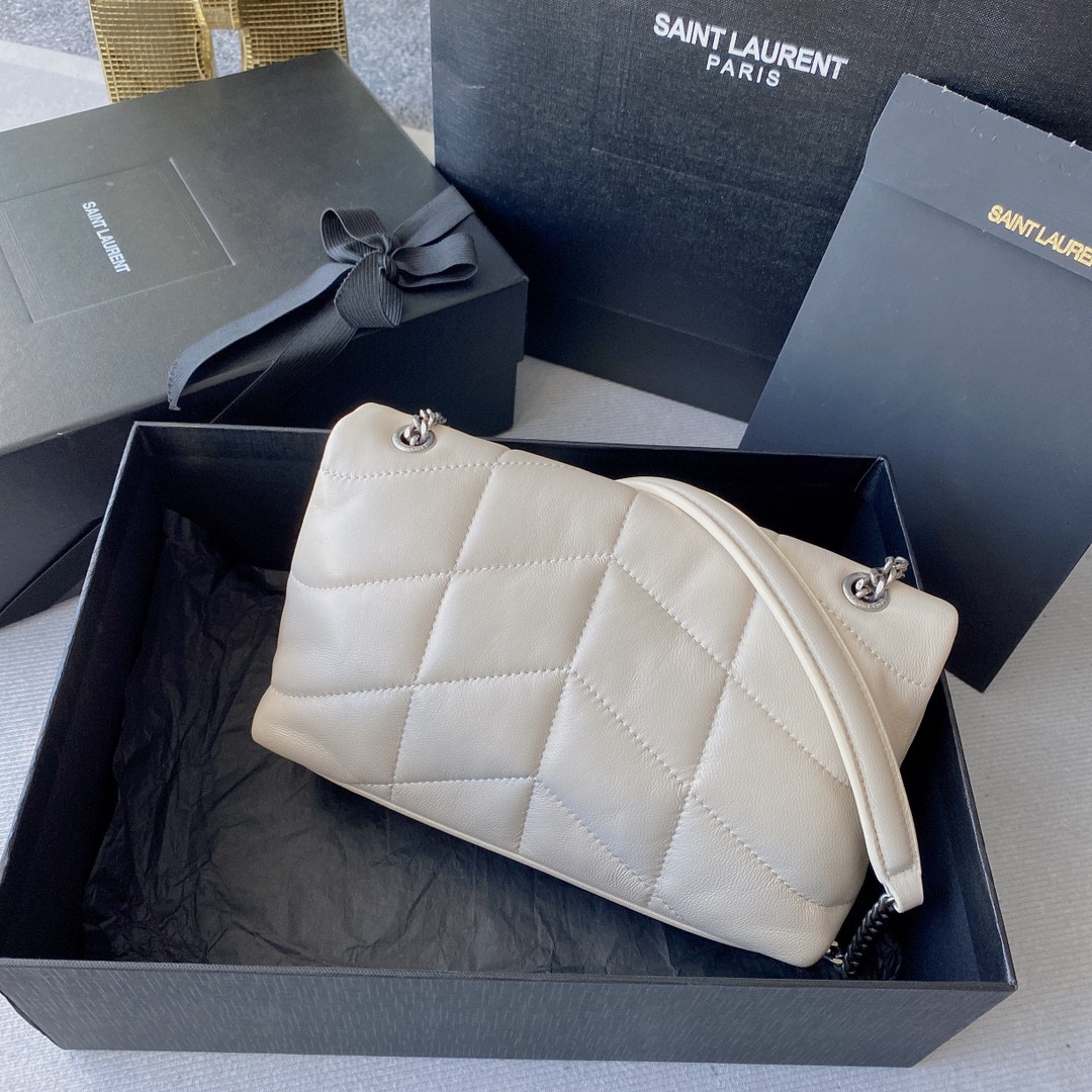 YSL PUFFER IN LEATHER WHITE SILVER 23 X 15.5 X 5.8 CM