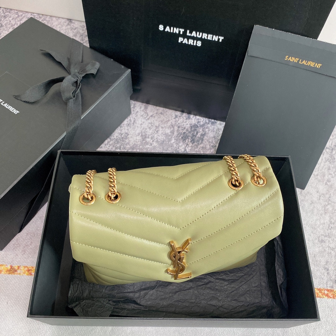YSL LOULOU SMALL IN QUILTED LEATHER GREEN 9 X 6.1 X 3.3 INCHES