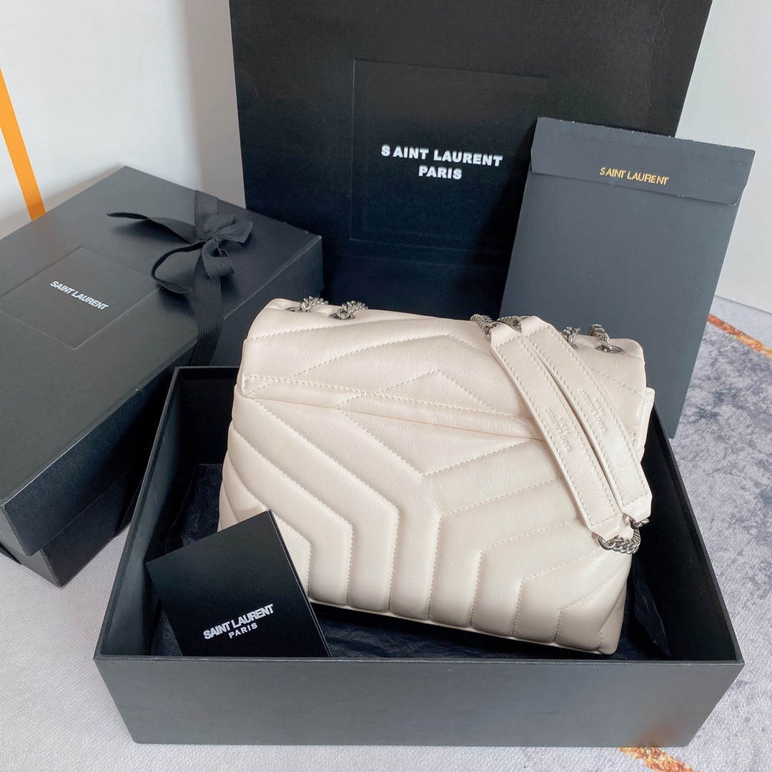 YSL LOULOU SMALL IN QUILTED LEATHER WHITE 9 X 6.1 X 3.3 INCHES