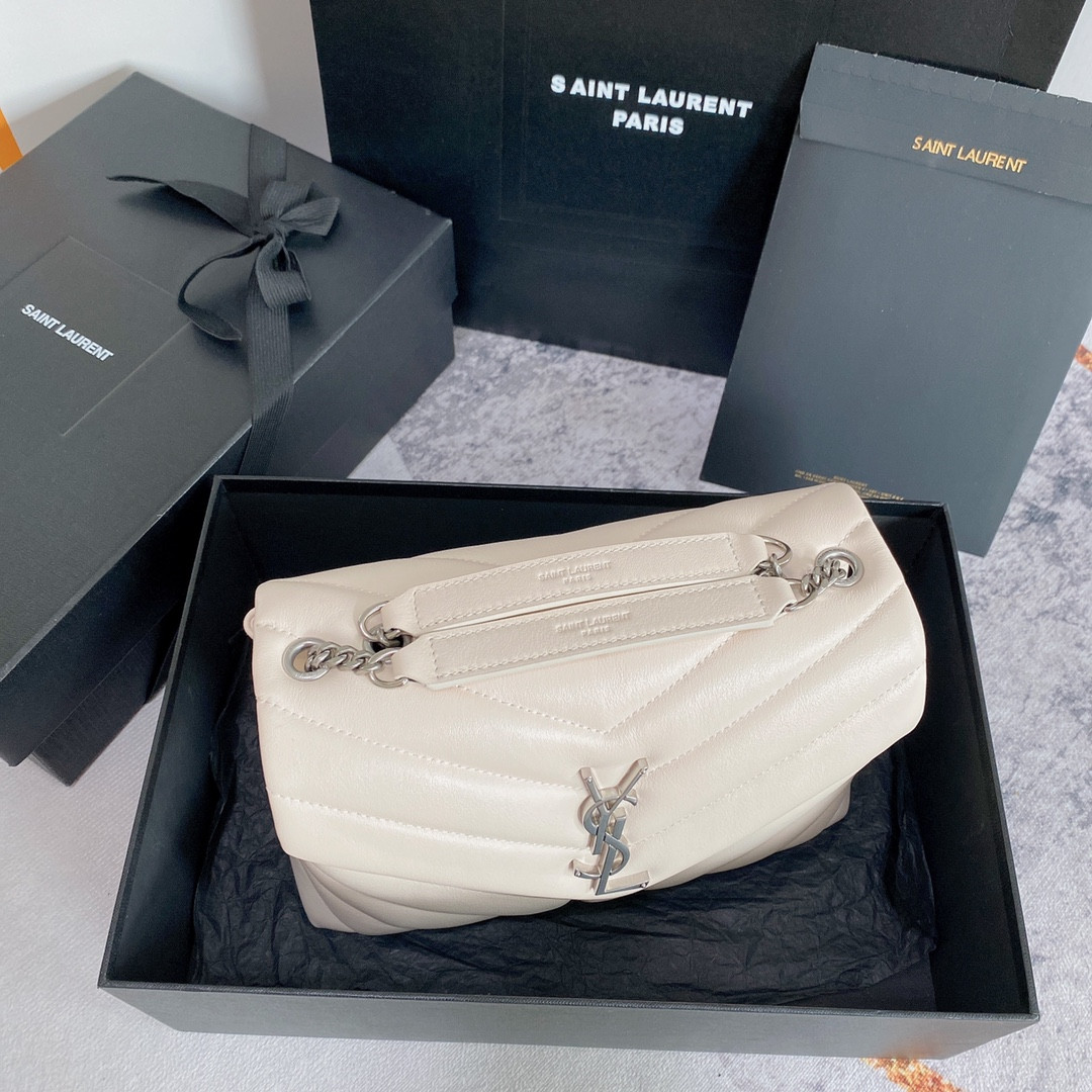 YSL LOULOU SMALL IN QUILTED LEATHER WHITE 9 X 6.1 X 3.3 INCHES
