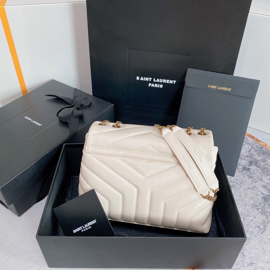 YSL LOULOU SMALL IN QUILTED LEATHER WHITE GOLD 9 X 6.1 X 3.3 INCHES