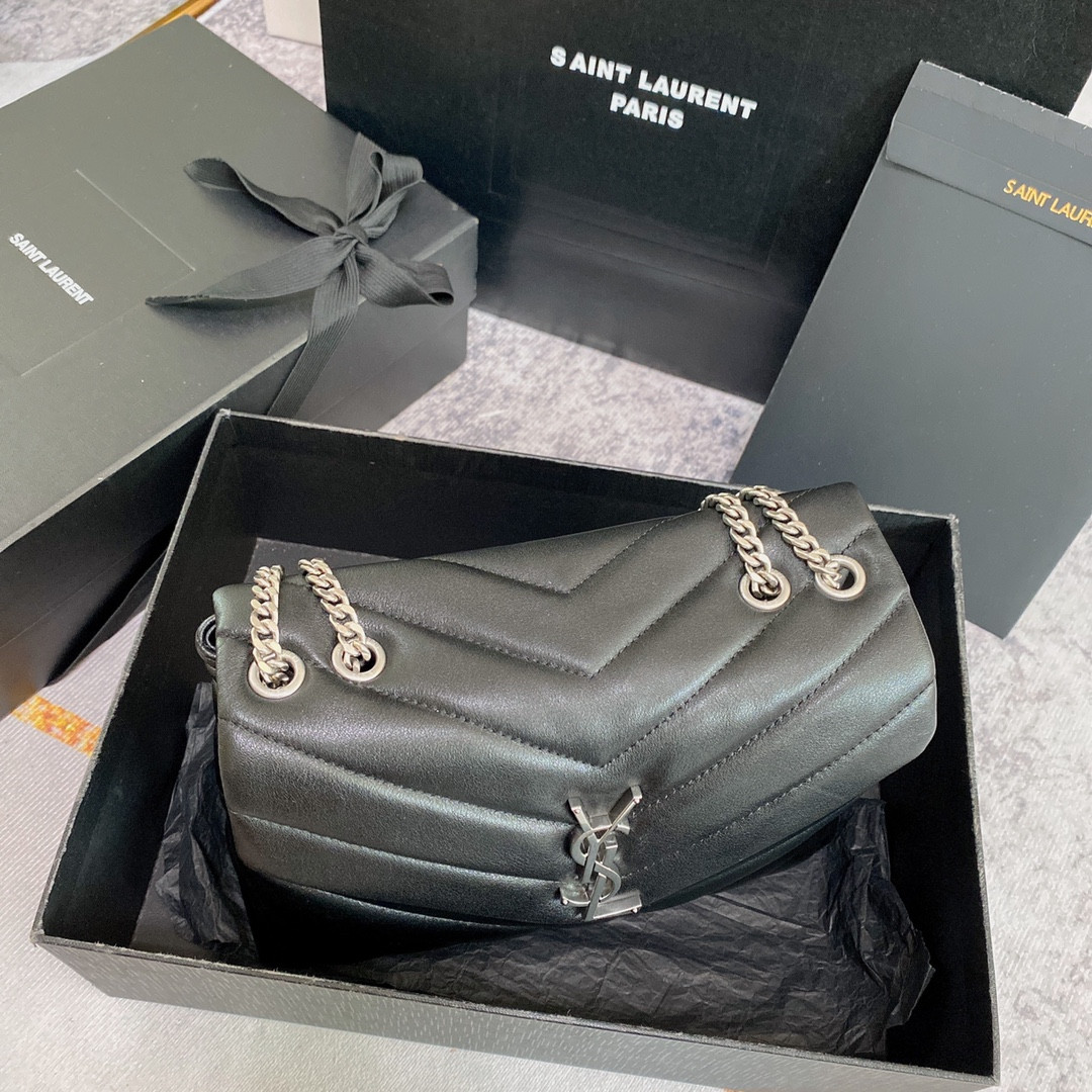 YSL LOULOU SMALL IN QUILTED LEATHER BLACK SILVER 9 X 6.1 X 3.3 INCHES