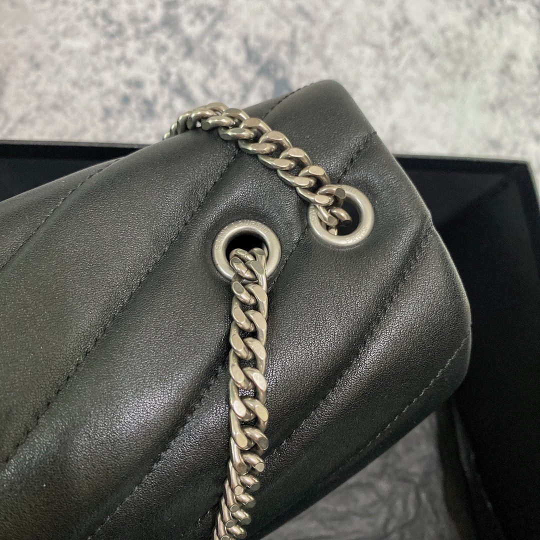 YSL LOULOU SMALL IN QUILTED LEATHER BLACK SILVER 9 X 6.1 X 3.3 INCHES