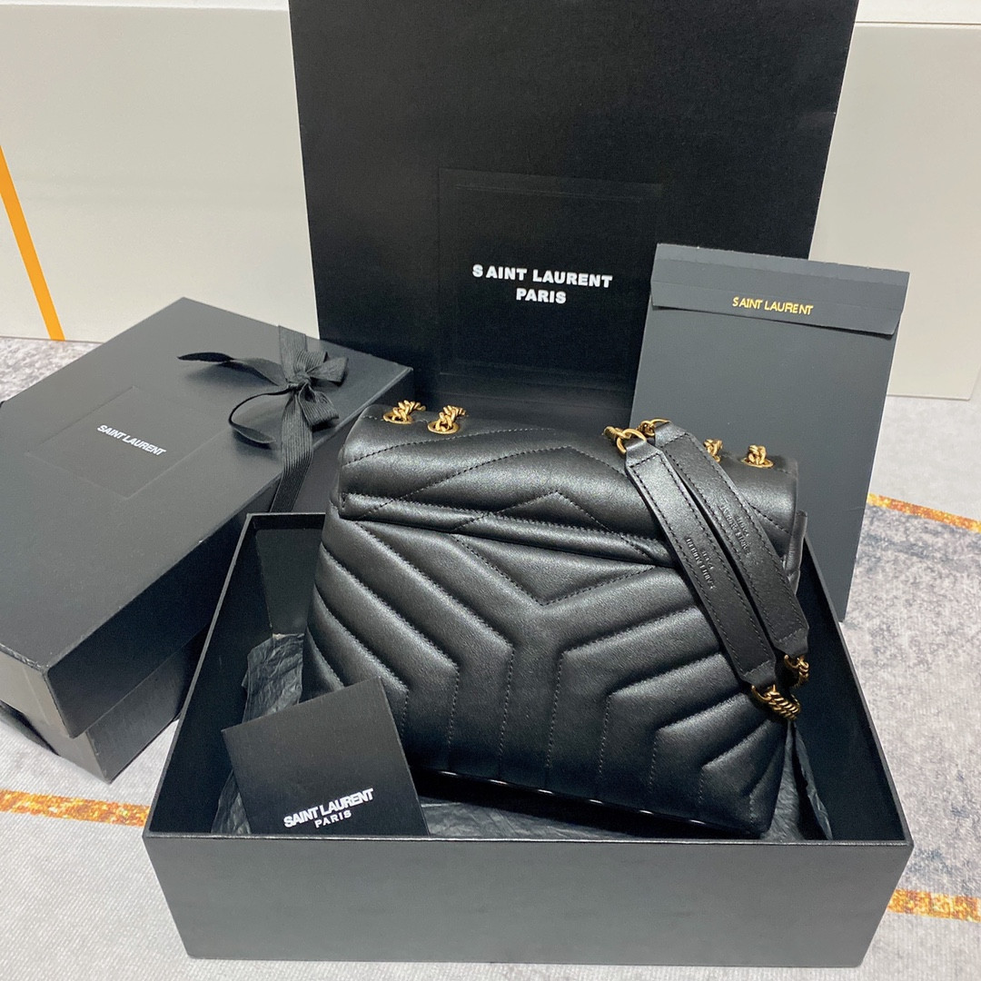 YSL LOULOU SMALL IN QUILTED LEATHER BLACK GOLD 9 X 6.1 X 3.3 INCHES
