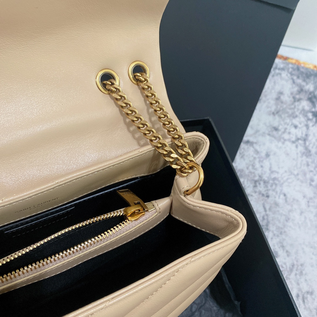 YSL LOULOU SMALL IN QUILTED LEATHER light beige 9 X 6.1 X 3.3 INCHES