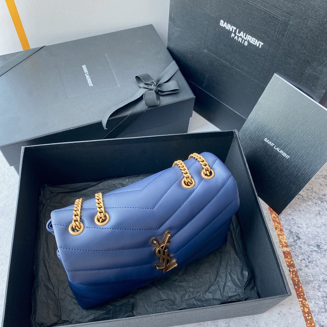 YSL LOULOU SMALL IN QUILTED LEATHER BLUE GOLD 9 X 6.1 X 3.3 INCHES