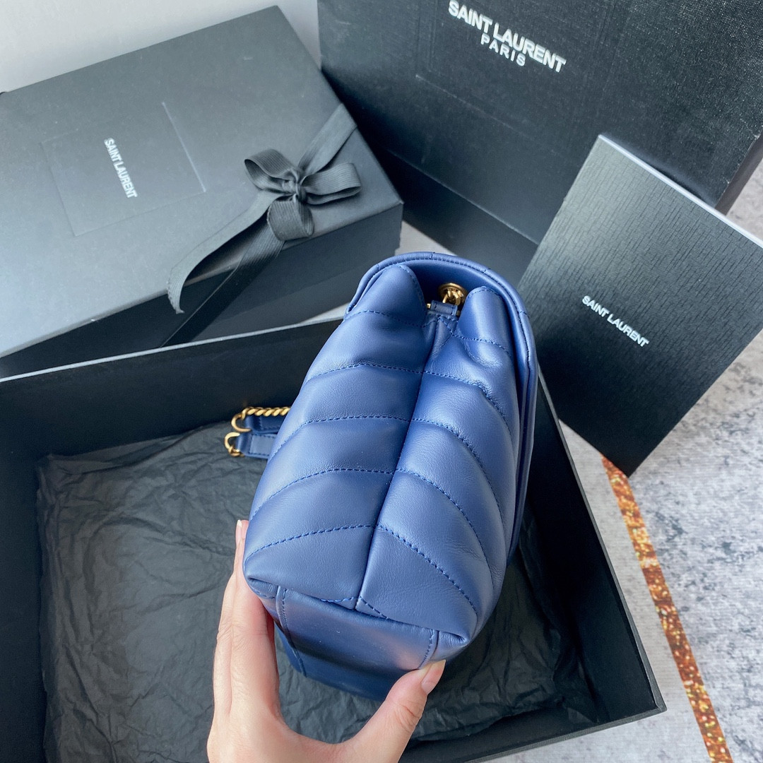 YSL LOULOU SMALL IN QUILTED LEATHER BLUE GOLD 9 X 6.1 X 3.3 INCHES