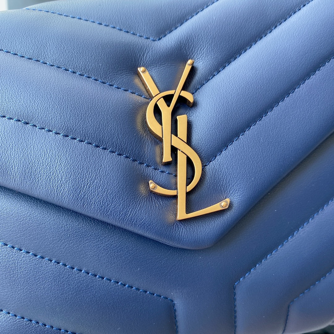 YSL LOULOU SMALL IN QUILTED LEATHER BLUE GOLD 9 X 6.1 X 3.3 INCHES