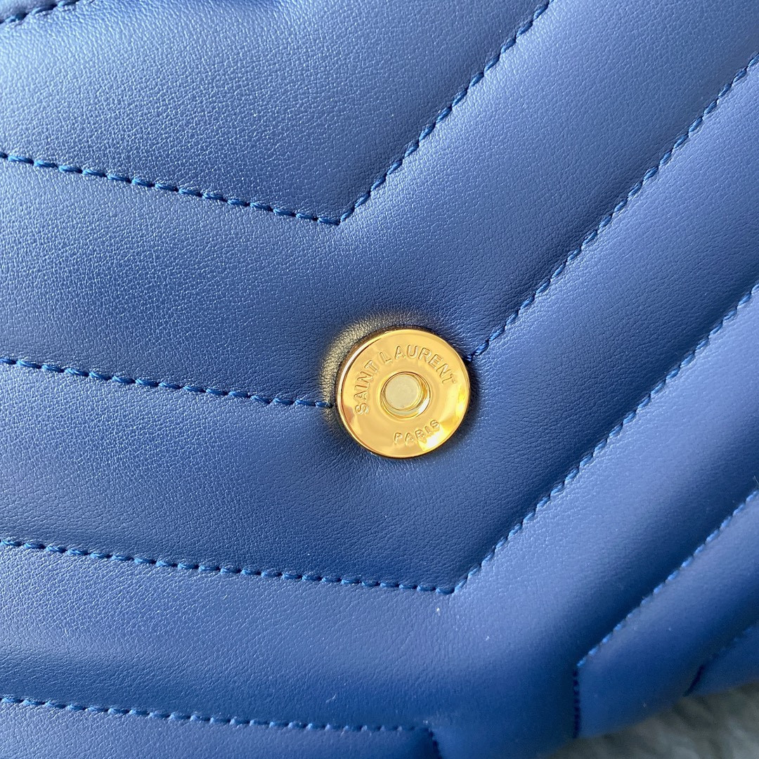 YSL LOULOU SMALL IN QUILTED LEATHER BLUE GOLD 9 X 6.1 X 3.3 INCHES