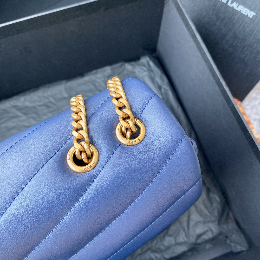 YSL LOULOU SMALL IN QUILTED LEATHER BLUE GOLD 9 X 6.1 X 3.3 INCHES