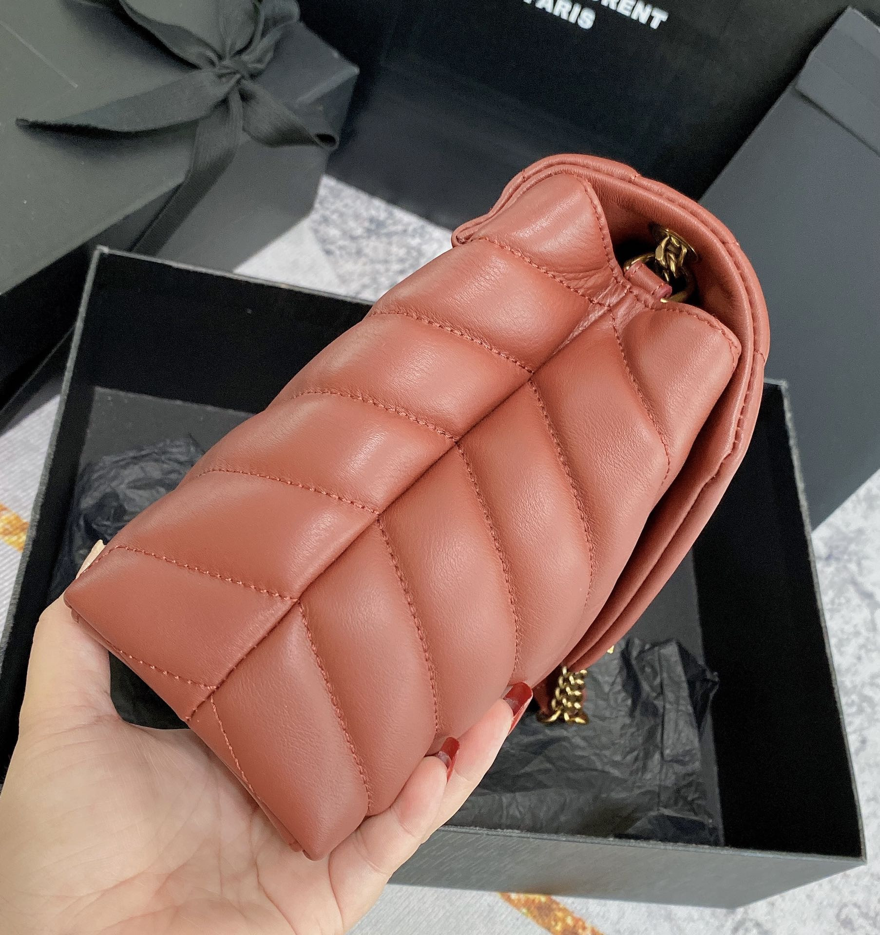 YSL LOULOU SMALL IN QUILTED LEATHER RED GOLD 9 X 6.1 X 3.3 INCHES