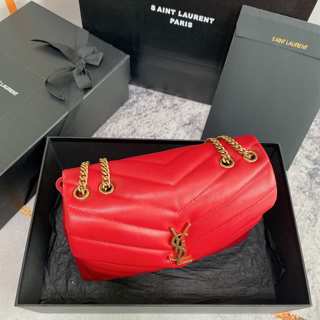 YSL LOULOU SMALL IN QUILTED LEATHER SHINY RED GOLD 9 X 6.1 X 3.3 INCHES