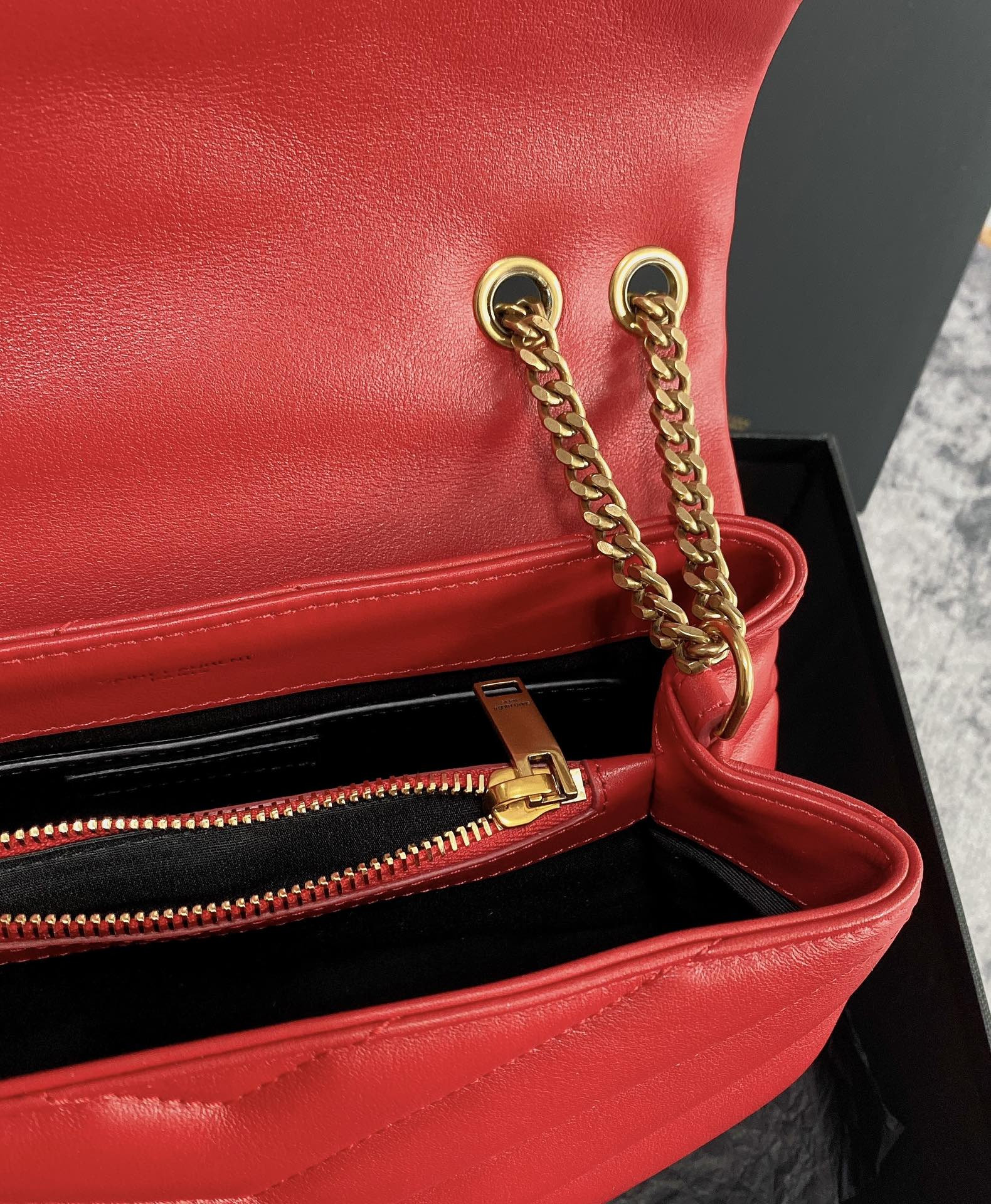 YSL LOULOU SMALL IN QUILTED LEATHER SHINY RED GOLD 9 X 6.1 X 3.3 INCHES