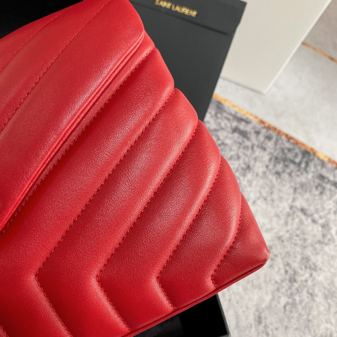 YSL LOULOU SMALL IN QUILTED LEATHER SHINY RED GOLD 9 X 6.1 X 3.3 INCHES