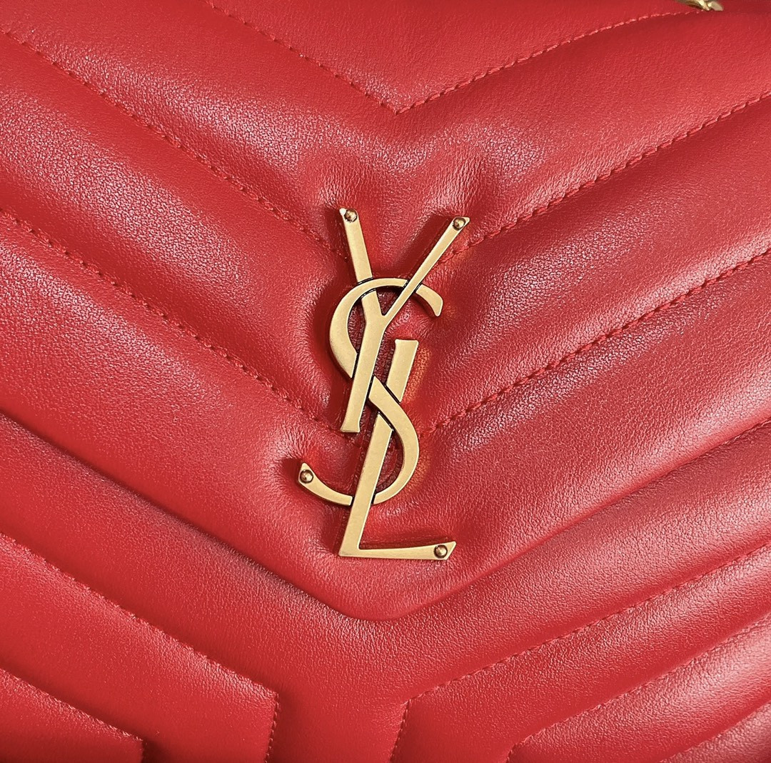 YSL LOULOU SMALL IN QUILTED LEATHER SHINY RED GOLD 9 X 6.1 X 3.3 INCHES