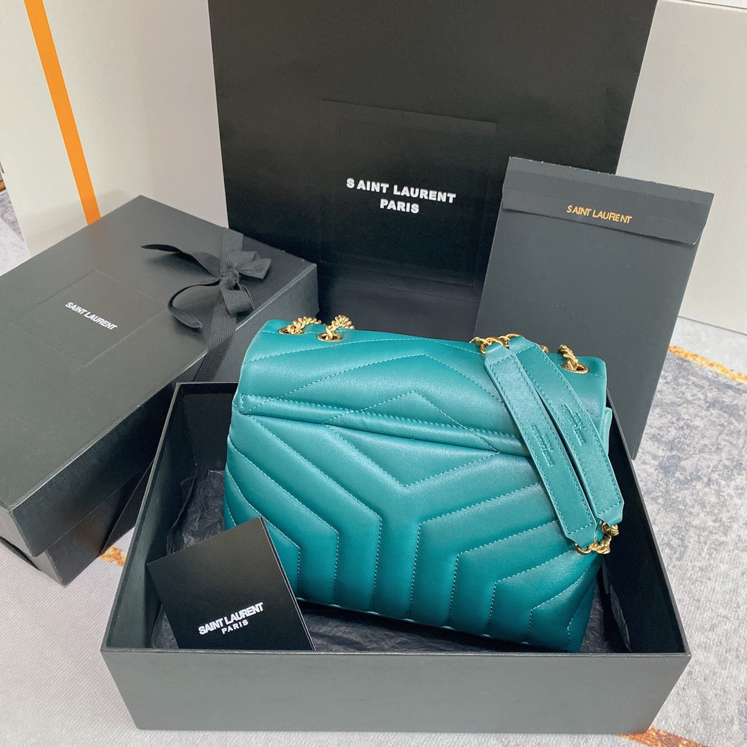 YSL LOULOU SMALL IN QUILTED LEATHER BLUE GOLD 9 X 6.1 X 3.3 INCHES