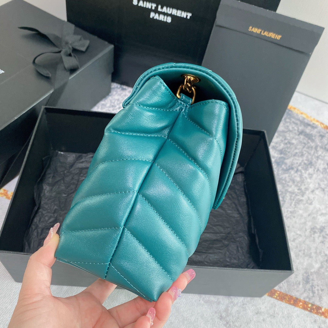 YSL LOULOU SMALL IN QUILTED LEATHER BLUE GOLD 9 X 6.1 X 3.3 INCHES